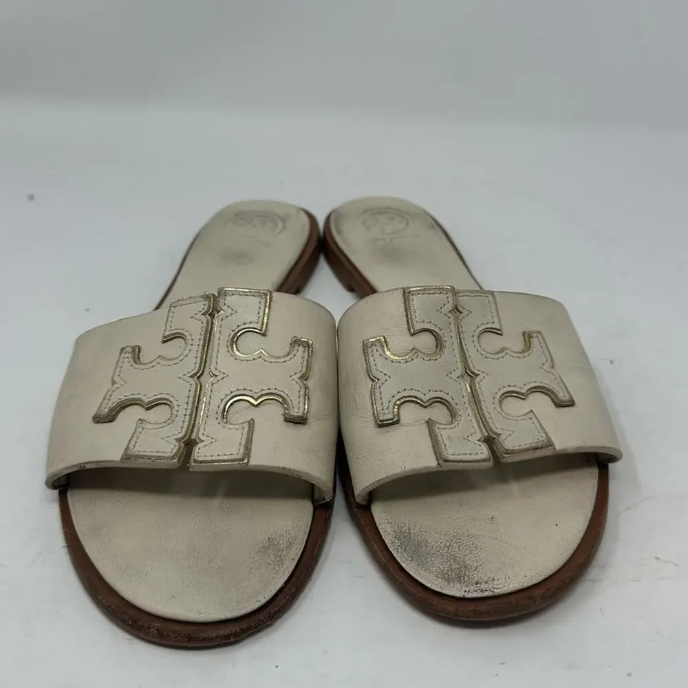 Tory Burch Ines Creme White Leather Slide Sandals Size 7.5 Logo
